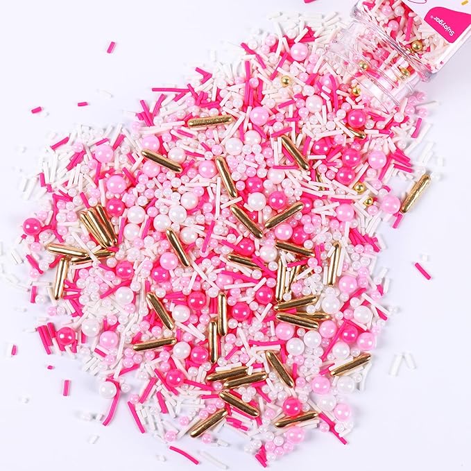 Pink Sprinkles for Cake Decorating, 3.52oz Pearl Sprinkles for Ice Cream Cupcakes Toppings Baking Cookies, Pink Gold Sprinkle for Valentines Weddings Princess Shower Bridal Party