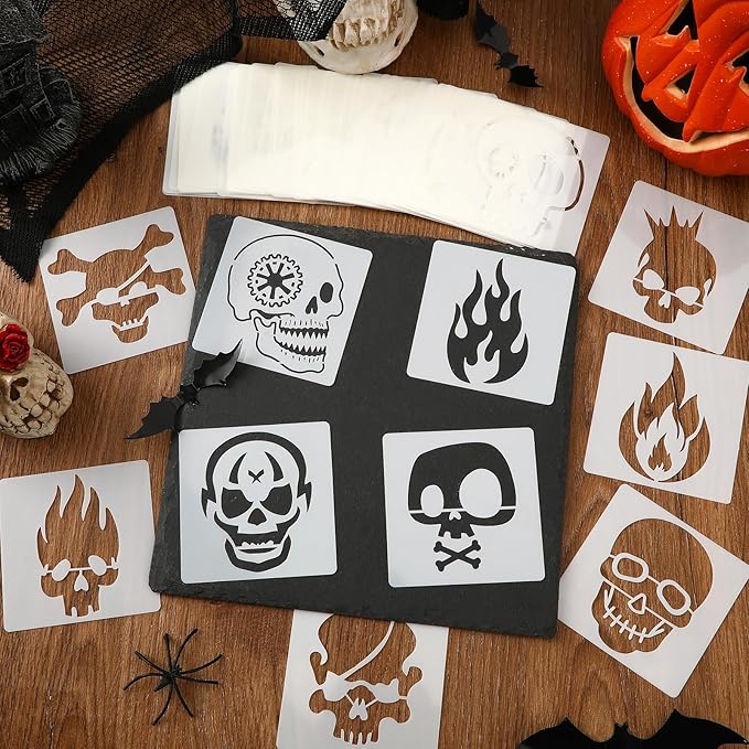Augshy 56 Pack Skulll Stencils, 3 Inch Reusable Halloween Small Skulls Stencil for Painting on Wood Ornaments Slice DIY Crafts Fabrics Window Halloween Thanksgiving Autumn Decoration