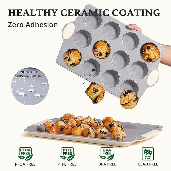 BRONYPRO 12-Cup Non Toxic Nonstick Ceramic Muffin Pan & Cupcake Tin, PFOA & PFOA Free, Heavy Duty Rust-Resistant Aluminized Steel, Oven & Dishwasher Safe, Cream White