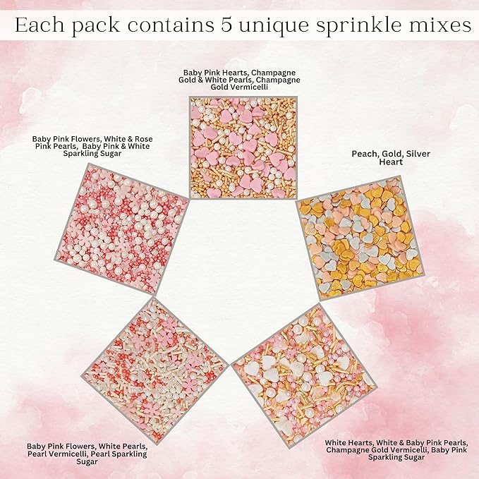 Confect Pink, Silver, Gold & White Pearl Sprinkles Mix – Edible Baking Decorations for Cakes, Cupcakes, Cookies – Valentine’s & Celebration Sprinkle Set – Pack of 5 - Vegan, Gluten-Free, Nut-Free, Soy-Free, Dairy-Free, Palm Oil-Free -5 Oz