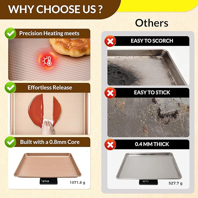 Saker nonstick baking sheet pan set,EvenHeat Baking Sheets Set of 2, Non-Stick Cookie Pan for Perfect Baking Results, Oven Safe Carbon Steel Bakeware (Champagne Gold)