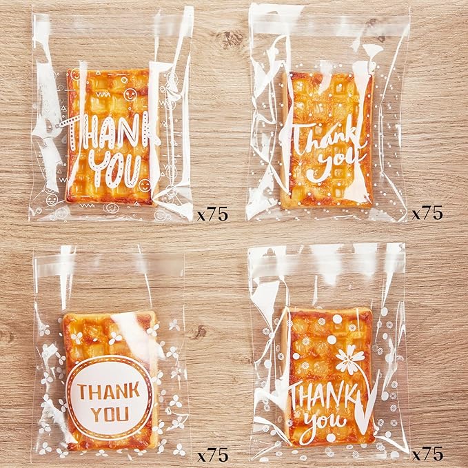 Jutieuo 300pcs Self Adhesive Thank You Cookie Bags, 4x4 Inch Small Clear Cellophane Bags Individual Treat Bags for Packaging, Party Favor, Bake Sale, Gift Giving