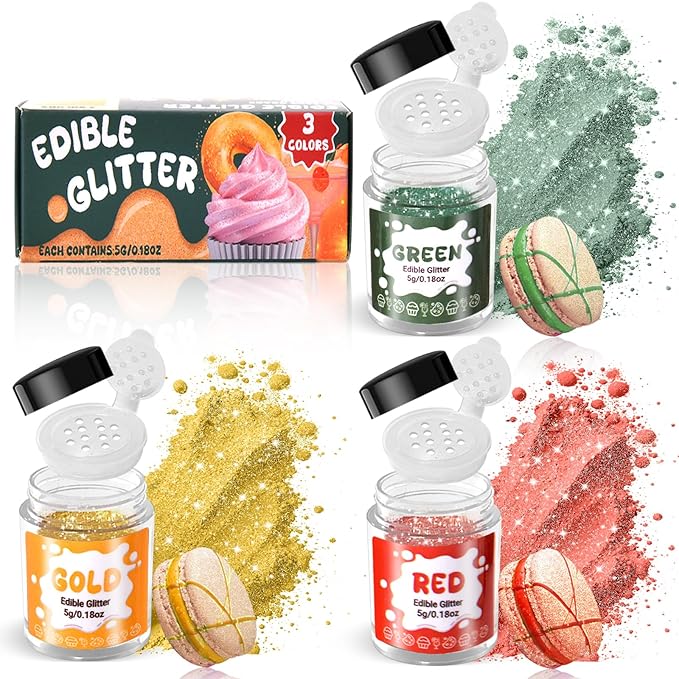 3 Colors Edible Drinks Glitter, Edible Luster Dust Set, Food Grade Sprinkles for Cake Decorating, Drinks, Wines, Cocktail, Candy, Cookie, Chocolate, Fondant, Vegan (Green Red Gold, 5g/Bottle)