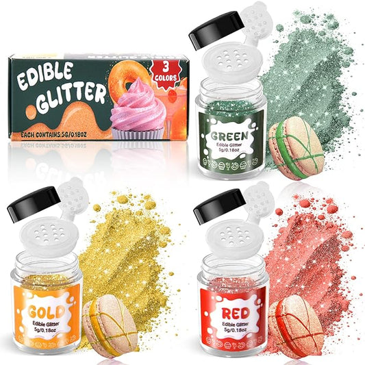 3 Colors Edible Drinks Glitter, Edible Luster Dust Set, Food Grade Sprinkles for Cake Decorating, Drinks, Wines, Cocktail, Candy, Cookie, Chocolate, Fondant, Vegan (Green Red Gold, 5g/Bottle)