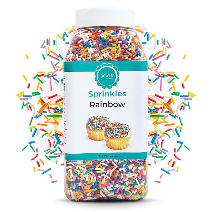 O’Creme Rainbow Sprinkles – 25oz Sprinkles for Cake Decorating – Kosher Pastel Sprinkles for Cupcakes, Cookies, Cakes, Ice Cream – Easy-Pour Jar