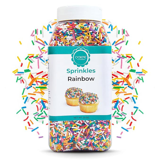 O’Creme Rainbow Sprinkles – 25oz Sprinkles for Cake Decorating – Kosher Pastel Sprinkles for Cupcakes, Cookies, Cakes, Ice Cream – Easy-Pour Jar