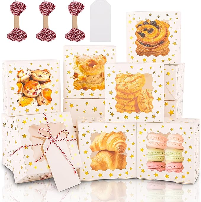 BEVOING 36 Pcs 6x6x3 Inches Christmas Cookie Boxes, White Bakery Boxes with Window Gold Foil Star 6 Inch Mini Cake boxes Small Treat Boxes for Cookies Pastry Dessert Cupcakes Candy Donut Packaging