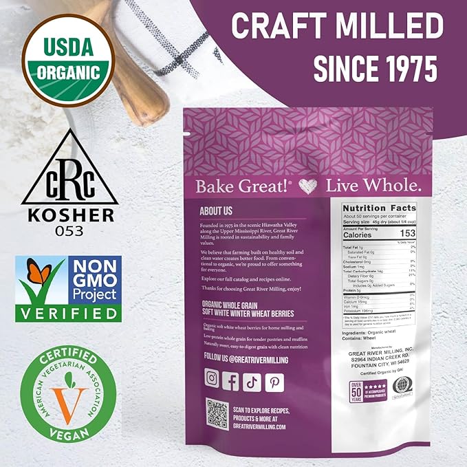 Great River Milling Organic Soft White Winter Wheat | Whole Grain Wheat Berries for Baking & Milling | USDA Organic, Non-GMO, Kosher | Ideal for Pastries, Tender Breads, Desserts, Soup & Salad | 5 Lb