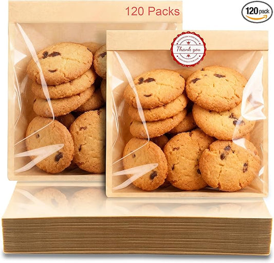 120 Pack Cookie Bags with Seal and Stickers, 5.7 x 6.5 Inch Paper Bakery Bags with Window, Heat-Sealable, Greaseproof Paper Bags Perfect for Treat, Donuts, Cake Slices, Scones, and Brownies