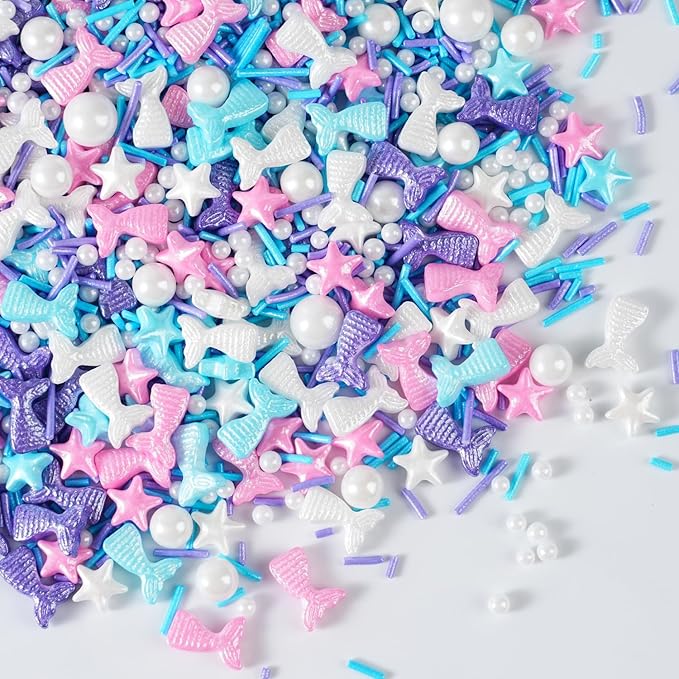 Mermaid Sprinkles for Cake Decorating – Edible Pearl & Star Sugar with Jimmies (Blue, Pink, Purple) – Ocean & Unicorn Theme Sprinkles Mix for Cupcakes, Cookies, Donuts – Birthday Party Baking Supplies