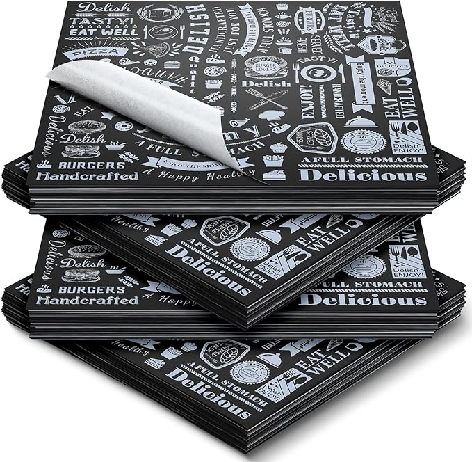 Marspark 200 Pcs Deli Wax Paper Sheets 12 x 12 Inches Square Grease Resistant Tray Basket Liners Hot Dog Wrappers Newsprint Water and Grease Proof Sandwich Wrapping Paper for Food Baking (Black White)