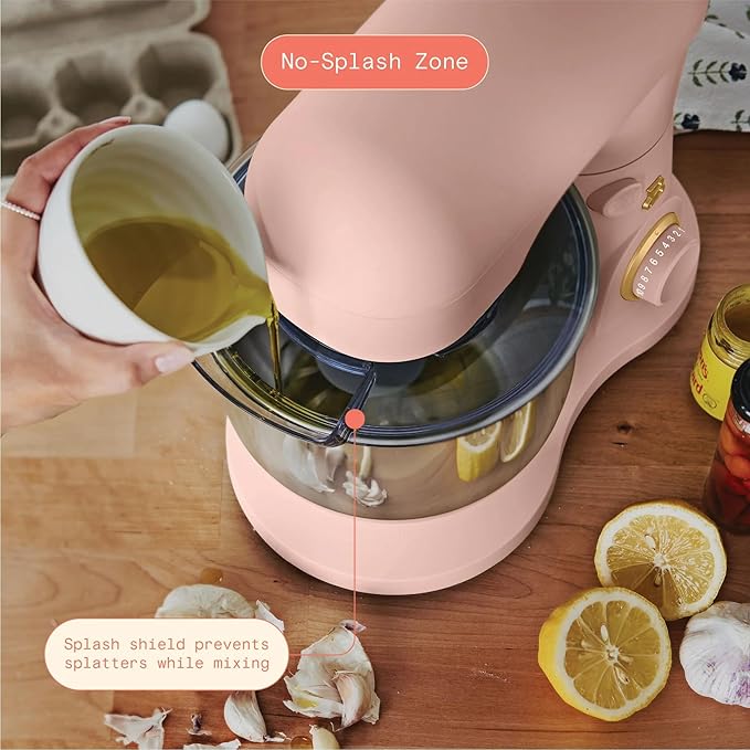 Beautiful 3.5 Qt Tilt-Head Stand Mixer | 12-Speed 300 W Motor | Stainless Bowl Beater, Dough Hook & Whisk by Drew Barrymore (Rose)