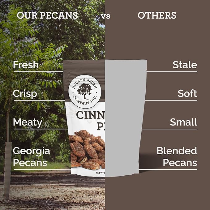 HUDSON PECAN COMPANY: Cinnamon Candied Pecans | Georgia Grown Family Owned. Cinnamon & Sugar Candy Coated, Expertly Baked to Perfection, (Perfect for Salads, Baking, Snacking & Gifting), 8oz