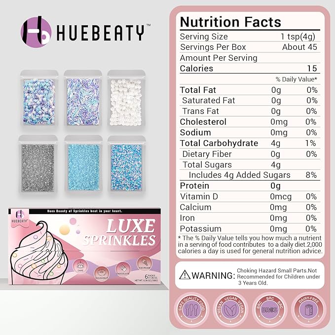 HUEBEATY 6-in-1 Frozen Snowflakes Sprinkles for Cake Decorating- 180g Winter Cake Sprinkles with Jimmies, Nonpareils, Blue & Silver Sugar, Edible Frozen Cake, Cupcake Toppers & Birthday Decorations for Cakes, Cupcakes, Cookies & Icecream