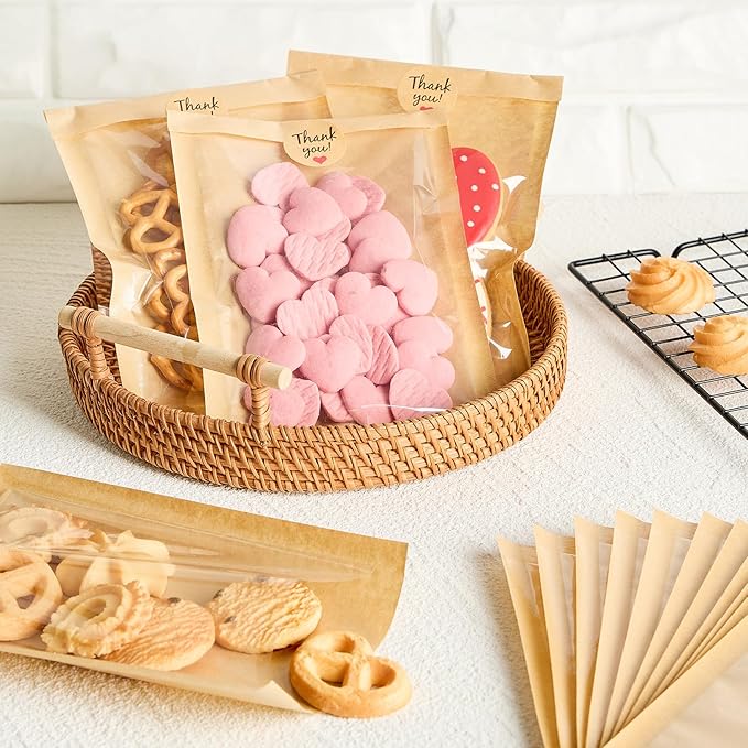 100 Pack Heat-Sealable Cookie Bags with Window, 5.1 x 7.5 Inches Small Clear Front To Go Bakery Bags, Grease Resistant Kraft Paper Treat Sleeves for Packaging Snack Donut Pastry (Brown)