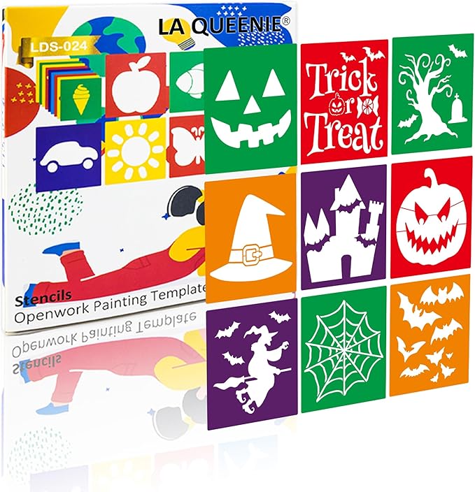 24 Pieces Stencils,Large Drawing Stencils Chalk Template,8 Inches Washable Shape Template Kit for Crafts,Painting Drawing (Halloween, 8 inch)