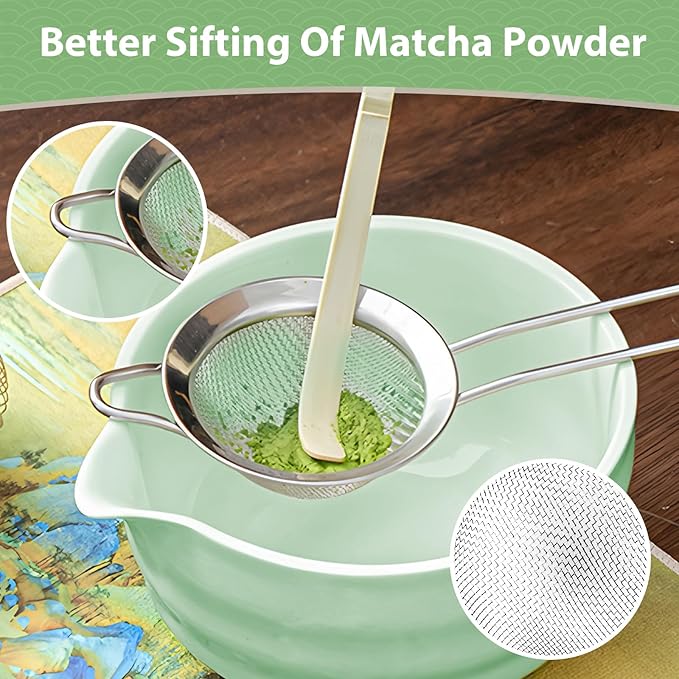 RONBEI Matcha Whisk Set, Japanese Matcha Set with Ceramic Bowl, Bamboo Whisk, Stainless Sifter, Scoop and Holder, Jade Green Matcha Kit for Matcha Lover(7 Pcs)
