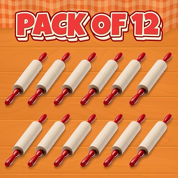Mini Rolling Pin 7.5 Inch (Pack of 12) Set for Play Dough Accessories Small Rolling Pin For Dough - Wood Kids Pins with Handles for Foods, Accessories