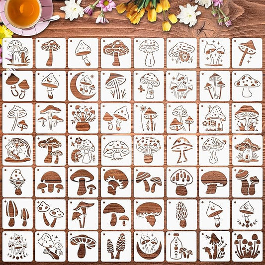 Augshy Mushrooms Stencils Template, 56 Pack Reusable Plastic Template Stencils Moon Flowers Stencils for Painting on Wall Floor Decor DIY Rock Painting Art Projects (3 inch)