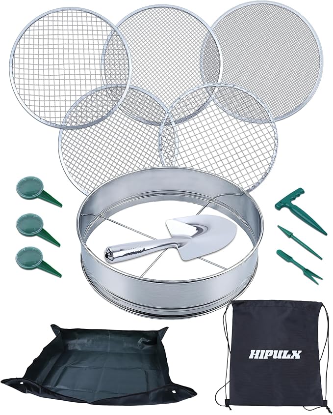 5-in-1 Soil Sifter Set with 5 Replaceable Stainless Steel Mesh Screen & Shovel (1/8" - 1/2"), Soil Sifter for Soils, Compost, Bonsai etc. (11-5/8" Diameter) (15-in-1 Sets)