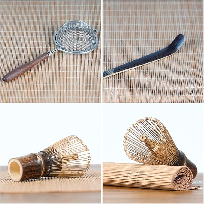7-Piece Matcha Set, Ceramic Matcha Bowl, Bamboo Whisk (Chasen), Whisk Holder, Sifter, Tea Scoop & Scoop Rest, Special Bamboo Tea Mat, Harmonious Color Matcha Making Kit, Green
