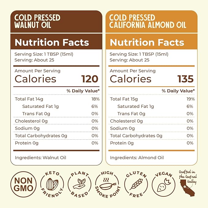 Fresh Vintage Farms Nut Bundle 100% Undiluted Cold Pressed Almond & Walnut Cooking Oils | Wholesome & Nutritious Healthy Cooking Oils for Cooking, Baking, Dipping, & Salads | 12.68 Fl oz, Pack of 2