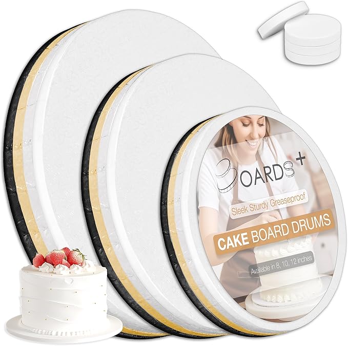 BOARDS+ 12 Pack Cake Drums 8, 10 & 12 Inch in White, Black, Silver & Gold Color | 1/2" Thick CakeBoard Circle Rounds + Free Prop Up Tools | Fully Greaseproof, Sturdy for Heavy/Tiered Cakes