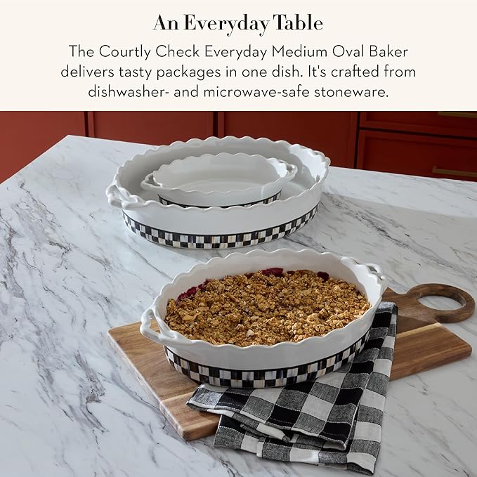 MACKENZIE-CHILDS Everyday Oval Casserole Baker, Cute Oven Baker, Medium, Black-and-White Courtly Check