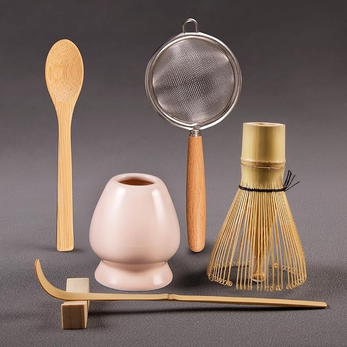 COANTO Matcha Whisk Set - Includes Sifter Bamboo Whisk (Chasen), Tea Spoon, Pink Spoon Holder, Scoop and Whisk Holder, 6pcs (No Bowl Included)