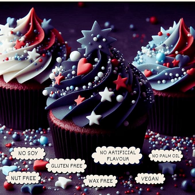 Confect Cake Mate Dessert Sprinkles – Edible Red, White & Navy blue Heart, Star, Pearl & Vermicelli Sprinkles – Toppings for Cake Decorating, Baking, Cupcakes, Cookies & Ice Cream | Vegan, Gluten-Free, Soy-Free, Dairy-Free, Palm Oil-Free- 4.2 Oz