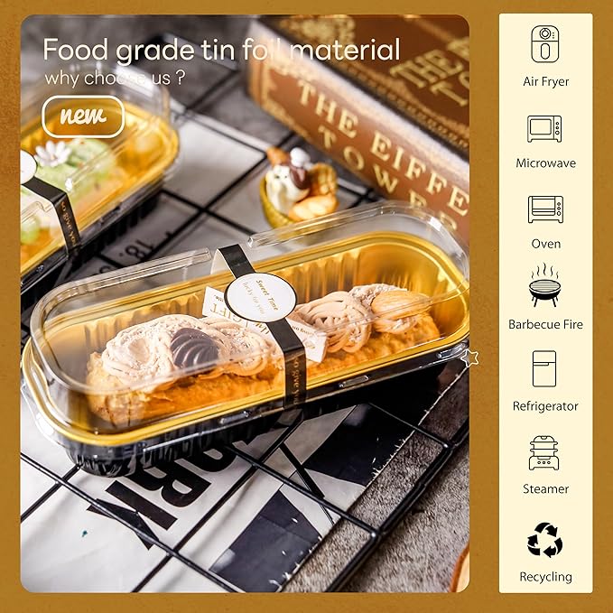 50 Pack Mini Cake Pans with Lids and Spoons Black Gold Rectangular Aluminum Foil Baking Pans Mini Cheesecake Containers(6.8oz)