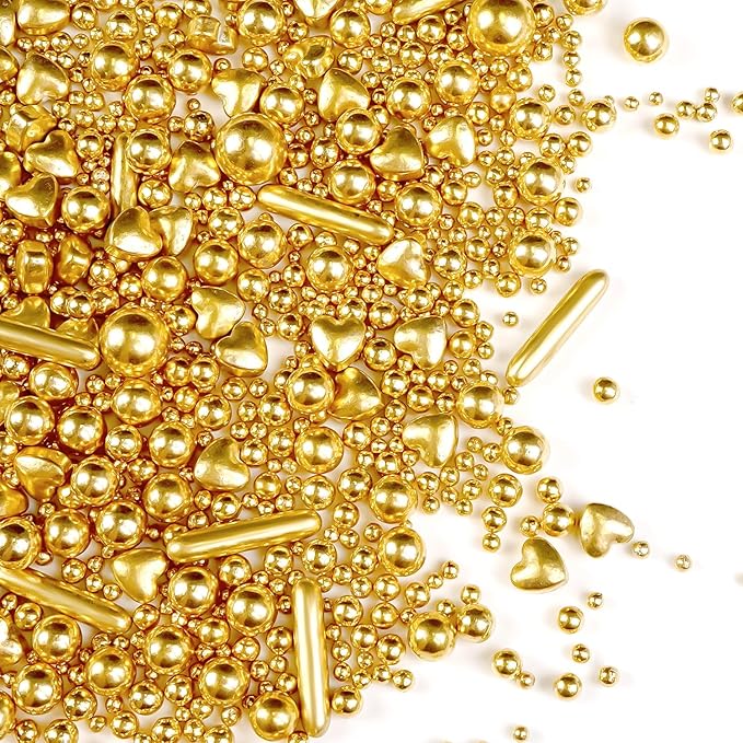 Gold Pearl Heart Sprinkles, Pearls Sprinkles For Cake Decorating, 150g/5.29oz Mix Size Sugar, Donuts, Cakes, Wedding Party, Christmas Supplies, Foodgrade Decorating, Edible Pearls