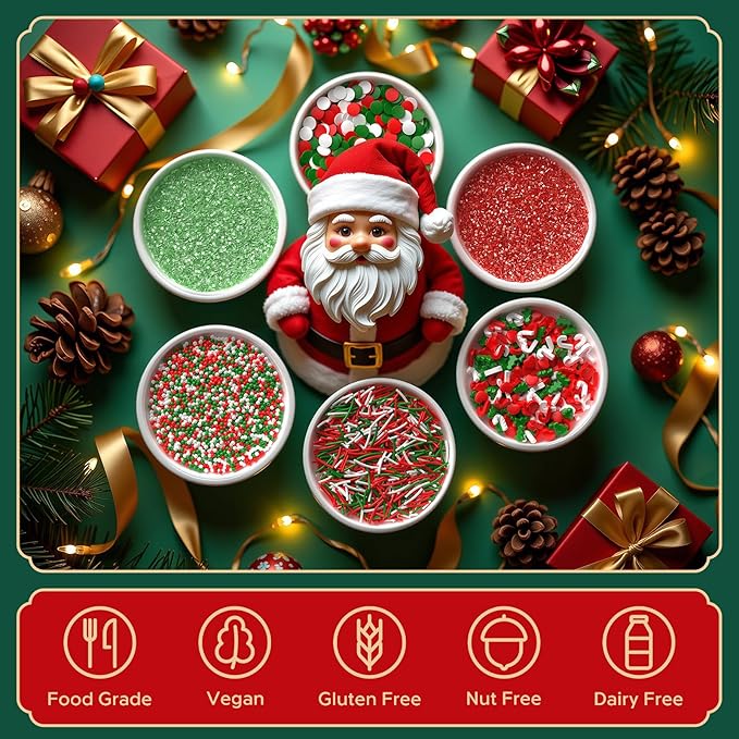 Christmas Sprinkles for Baking, 6 Cell Mix Sprinkles for Christmas Cake Decorating Fancy Sanding Sugar Sprinkles Colorful Sprinkles for Ice Cream,Donut,Chocolate Candy,Cookies Decorating - 6.7 oz