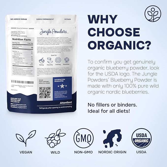 Jungle Powders Wild Blueberry Powder Organic 12 Ounce Bag USDA Certified - Antioxidant Rich Smoothies Freeze Dried Blueberries Organic Blueberry Extract for Baking from Whole Dried Blueberries