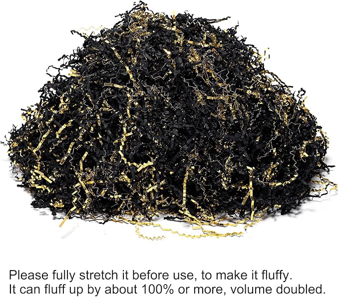 Mefleet 1 LB Crinkle Cut Paper Shred Filler Black & Gold Crinkle Shredded Paper for Gift Box - Gift Basket Bag Filler - Grass Cushion Stuffing for Christmas Holiday Packaging Wrapping