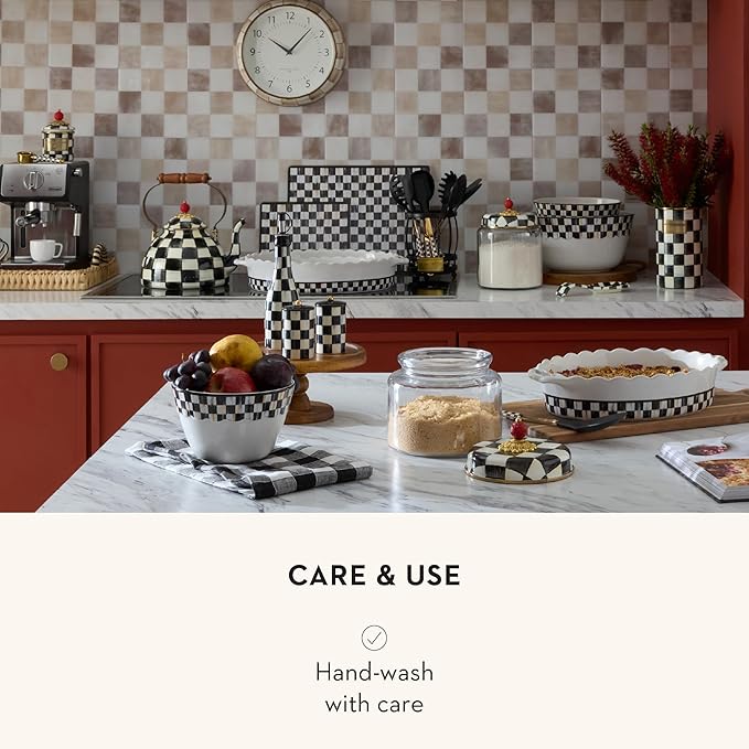 MACKENZIE-CHILDS Everyday Oval Casserole Baker, Cute Oven Baker, Small, Black-and-White Courtly Check