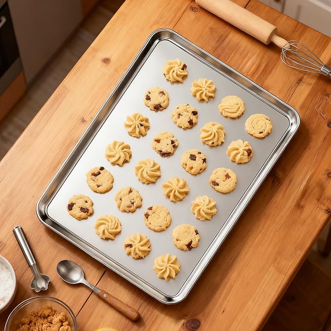 Stainless Steel Baking Sheet Set, 2 Pcs Cookie Sheet Pan Baking Trays for Oven, Non Stick and Heavy Duty and Easy Clean, 15.9 x 12 x 1 Inch