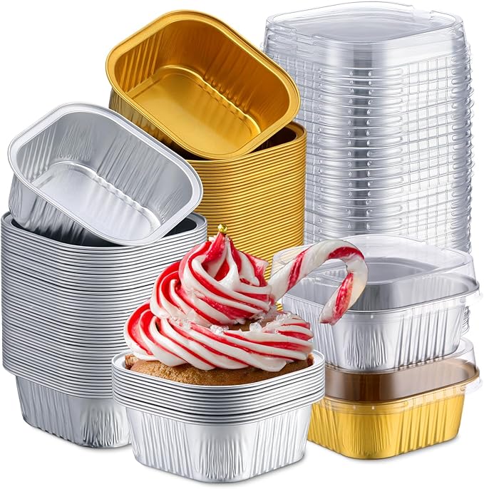 Aoriher 150 Pieces 10 oz Mini Cake Pans with Lids Aluminum Foil Baking Cups Square Disposable 4" x 4" Large Cupcake Cups Baking Tins for Kitchen Brownie Pudding Desserts Holders(All Golden,All Silver)