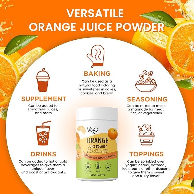 Vegs Orange Fruit Juice Powder - Freeze Dried & 100% Natural Orange Juice Concentrate - Flavoring Powder for Drinks, Smoothies & Baking - Sugar-Free, No Preservatives, Non-Gmo - 6 oz