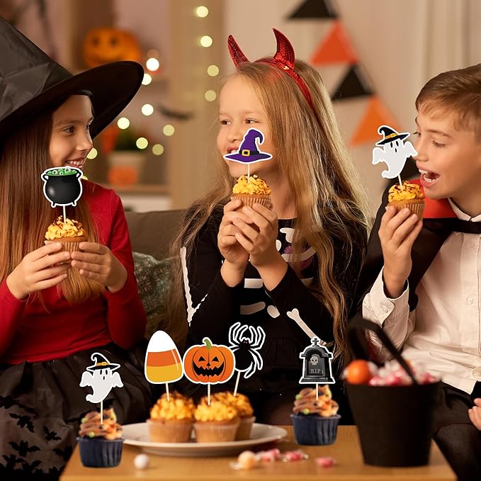 24 PCS Halloween Cupcake Toppers, 12 Designs Halloween Cake Decorations, Pumpkin Ghost Spooky Cake Topper, Halloween Birthday Cake Toppers for Theme Babyshower Kids Party Supplies