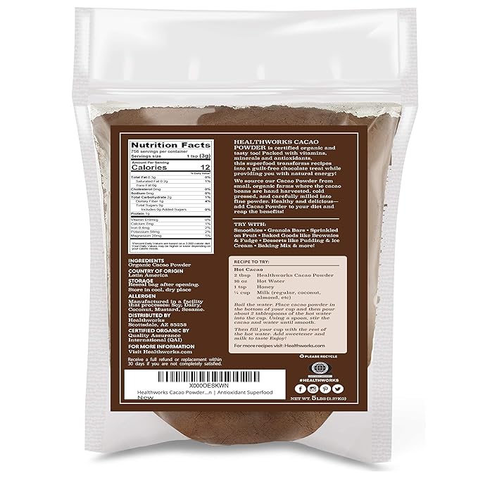 Healthworks Superfoods Organic Cacao Powder - 80 Oz / 5 Lb - Cocoa Chocolate Substitute - Rich Choclate Flavour - Sugar-Free, Keto, Vegan & Non-GMO - Peruvian Bean/Nut Origin - Antioxidant Superfood - Packaging May Vary