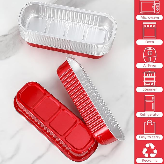 Mini Loaf Pans with Lids and Spoons (100 Pack, Red, 6.8oz) Rectangular Aluminum Foil Baking Pans