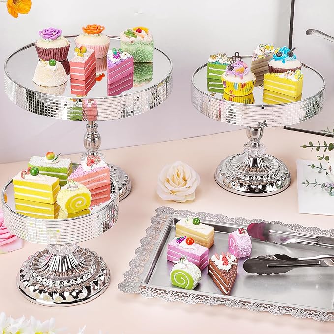 12 Pieces Silver Cake Stand Set, Vintage Cake Display Stand with Crystal Edge and Cupcake Display Tray, Dessert Table Display Set for Wedding Party Baby Shower Anniversary Celebration