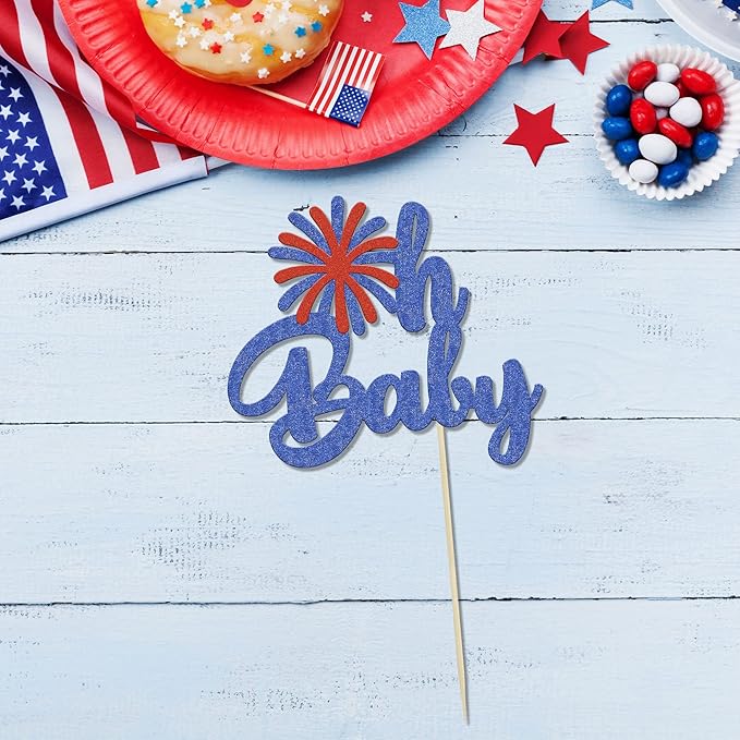1Pc Happy Independence Day Oh Baby Cake Topper Glitter Firework Happy 4th of July Babyshower Cake Decorations for Independence Day Theme Party Cake Decorations Supplies