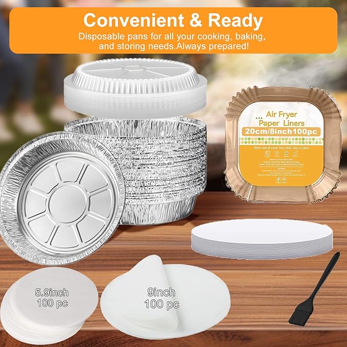 BIBRADAA® 40 Pack 9” Round Disposable Aluminum Pans with Lids,Aluminum Foil Pans,Plus300pcswith Baking Parchment,Air Fryer Paper Liners,hamburger patty paper，Basting Brushes. (40 Pack rd w/Lids)