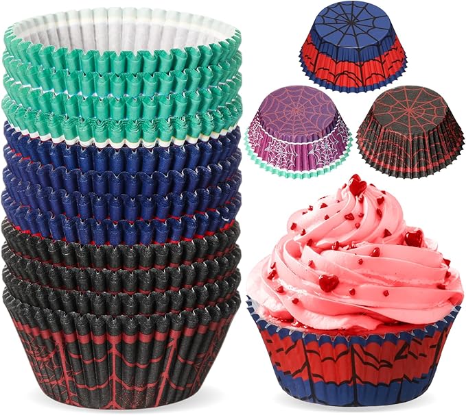 300 Pcs Red Blue Cupcake Liners Paper Baking Cups Spider Web Muffin Cake Wrappers for Cakes Baking Ice Cream Dessert Cheese Wedding Birthday Party Supplies (Fashion Style)