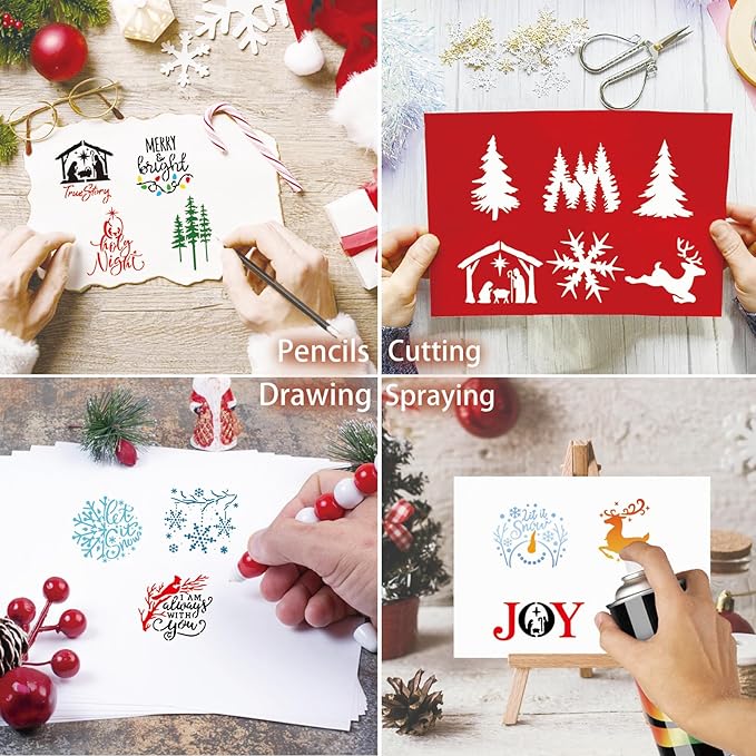 60pcs Christmas Stencils for Painting on Wood 3 Inch Small Nativity Ornament Reusable Holiday Xmas Drawing Stencil Templates for Wood DIY Crafts Card Paper Gift Home (Winter)