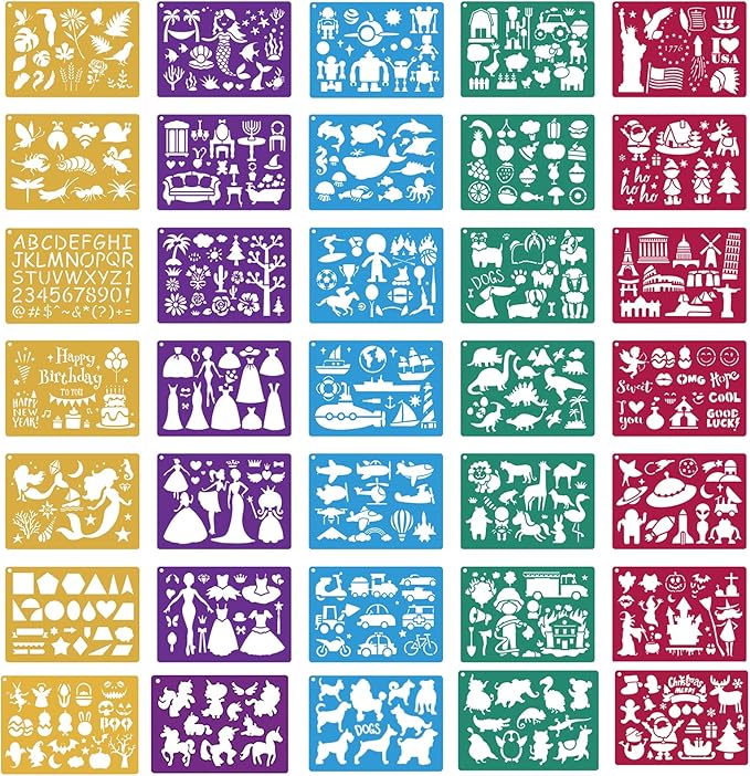 Stencils for Kids,35 PCS Drawing Stencils Templates Kids Reusable Plastic Stencils with Variety of Themes/Shapes,Girls Boys Christmas Birthday Gift
