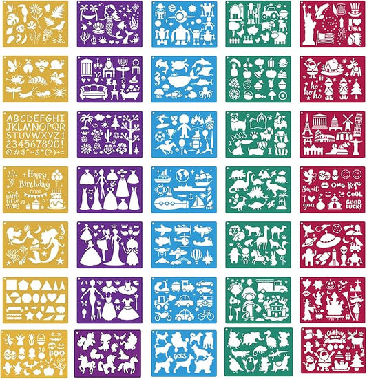 Stencils for Kids,35 PCS Drawing Stencils Templates Kids Reusable Plastic Stencils with Variety of Themes/Shapes,Girls Boys Christmas Birthday Gift