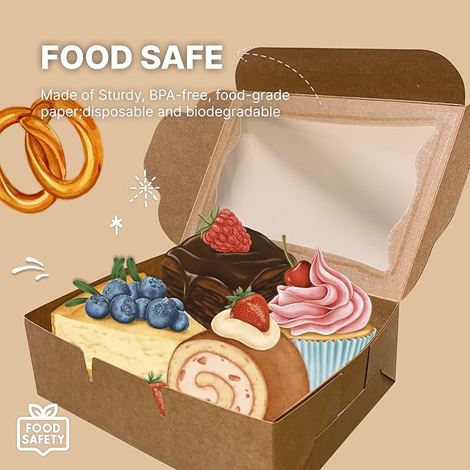 Bubbley Kraft Paper Bakery Boxes - 50-Pack Pastry Boxes with Window for Cookies, Chocolate Covered Strawberries, Macarons, and Muffins, Dessert Disposable Packaging, 8 x 6 x 2.5 Inches